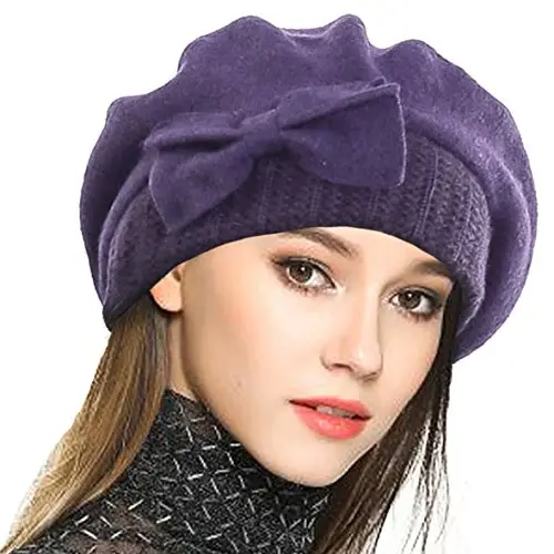 VECRY Lady French Beret 100% Wool Beret Floral Dress Beanie Winter Hat - 1