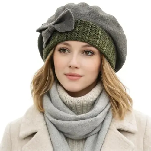 VECRY Lady French Beret 100% Wool Beret Floral Dress Beanie Winter Hat - 4