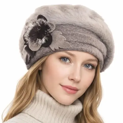 VECRY Lady French Beret 100% Wool Beret Floral Dress Beanie Winter Hat 