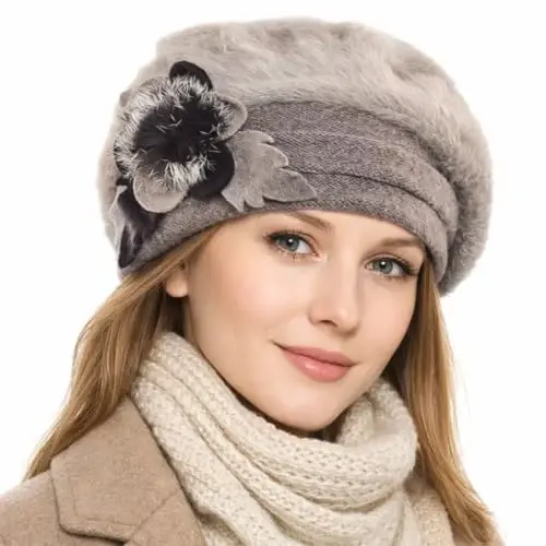 VECRY Lady French Beret 100% Wool Beret Floral Dress Beanie Winter Hat - 3