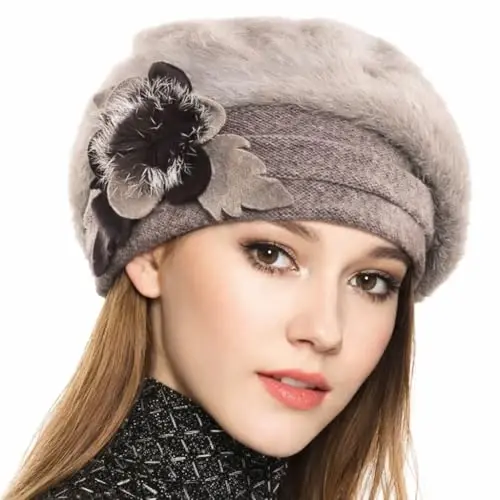 VECRY Lady French Beret 100% Wool Beret Floral Dress Beanie Winter Hat - 4