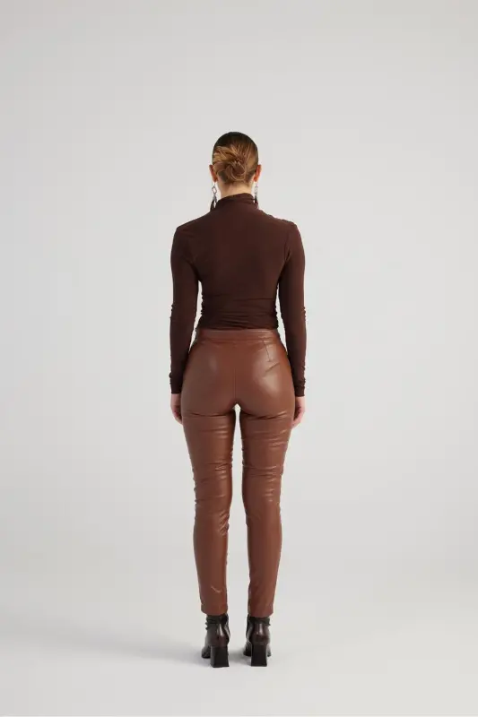 Vegan Leather Gina Leather Pants with Eyelet Detailing, Coffee, Lycra - 5