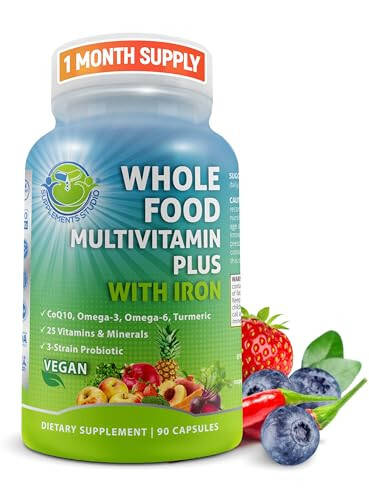 Vegan Tam Besin Multivitamini Demir İçerir, Kadın ve Erkekler İçin Günlük Multivitamin, Meyve ve Sebzelerle Yapılmış, B Kompleksi, Probiyotikler, Enzimler, CoQ10, Omega'lar, Zerdeçal, GDO İçermez, 90 Adet - 2