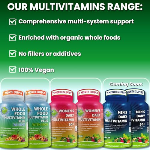 Vegan Tam Besin Multivitamini Demir İçerir, Kadın ve Erkekler İçin Günlük Multivitamin, Meyve ve Sebzelerle Yapılmış, B Kompleksi, Probiyotikler, Enzimler, CoQ10, Omega'lar, Zerdeçal, GDO İçermez, 90 Adet - 7