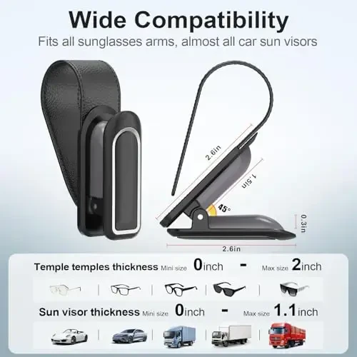 Veharvim Sunglass Holder for Car (2 Pack, One-Handed Operation, Gentle & Secure Hold, Silicone Padded, Universal Fits Sunglass and Car Visor) - Sunglasses Clip for Car Visor (Black & Silver, 1 Pack) - 4