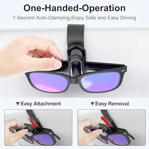 Veharvim Sunglass Holder for Car (2 Pack, One-Handed Operation, Gentle & Secure Hold, Silicone Padded, Universal Fits Sunglass and Car Visor) - Sunglasses Clip for Car Visor (Black & Silver, 1 Pack) - 2