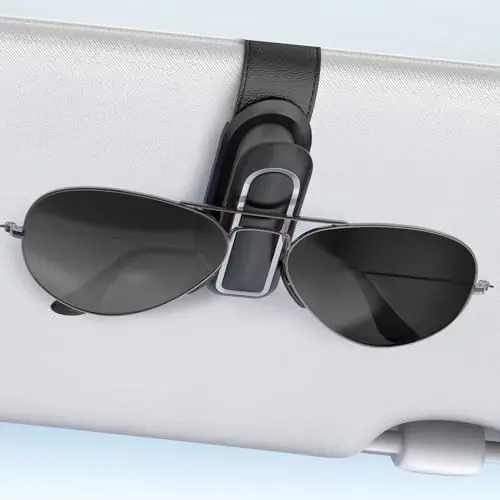 Veharvim Sunglass Holder for Car (2 Pack, One-Handed Operation, Gentle & Secure Hold, Silicone Padded, Universal Fits Sunglass and Car Visor) - Sunglasses Clip for Car Visor (Black & Silver, 1 Pack) - 1