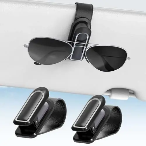 Veharvim Sunglass Holder for Car (One-Handed-Operation, Gentle & Secure Hold, Silicone Padded, Universal Fit, Metal Clip) Visor Sunglass Holder Clip,Visor Sunglass Holder Car (Black & Silver, 2 Pack) - 1