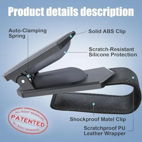 Veharvim Bir qo'lli operatsiya uchun avtomobil quyoshdan saqlaydigan ko'zoynak ushlagichi, Visor quyoshdan saqlaydigan ko'zoynak qisqichi, Avtomobil aksessuarlari ichki qismi, Universal silikon yostiqli Visor quyoshdan saqlaydigan ko'zoynak ushlagichli avtomobil, Tengsiz chidamlilik (1 dona) - 3