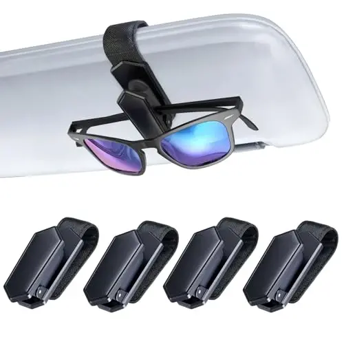 Veharvim One-Handed-Operation Sunglasses Holder for Car, Visor Sunglass Holder Clip, Car Accessories Interior, Universal Fit Silicone Padded Visor Sunglass Holder Car, Unmatched Durability (4 Pack) 