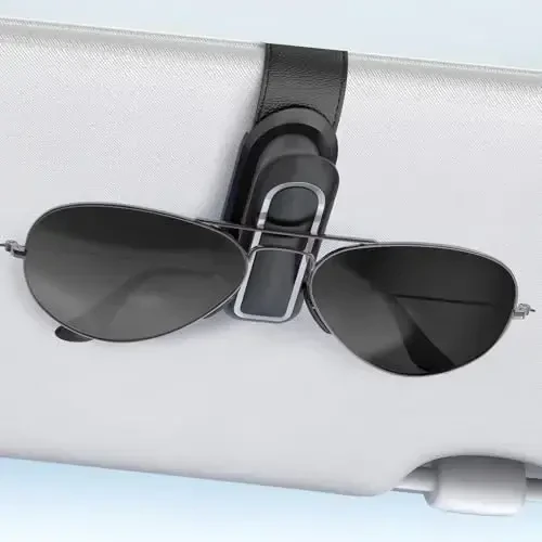 Veharvim Sunglass Holder for Car (2 Pack, One-Handed Operation, Gentle & Secure Hold, Silicone Padded, Universal Fits Sunglass and Car Visor) - Sunglasses Clip for Car Visor (Black & Silver, 1 Pack) - 1