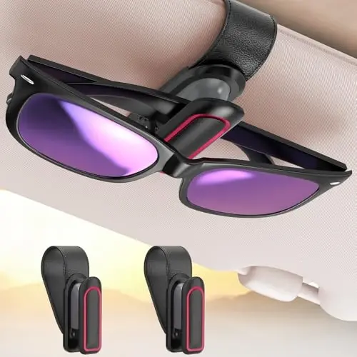 Veharvim Sunglass Holder for Car (One-Handed-Operation, Gentle & Secure Hold, Silicone Padded, Universal Fit, Metal Clip) Visor Sunglass Holder Clip, Visor Sunglass Holder Car (Black & Red, 2 Pack) - 1