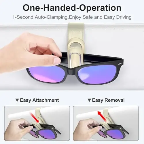 Veharvim Sunglass Holder for Car (One-Handed-Operation, Gentle & Secure Hold, Silicone Padded, Universal Fit, Metal Clip) Visor Sunglass Holder Clip,Visor Sunglass Holder Car (Beige, 2 Pack) - VEHARVIM (1)