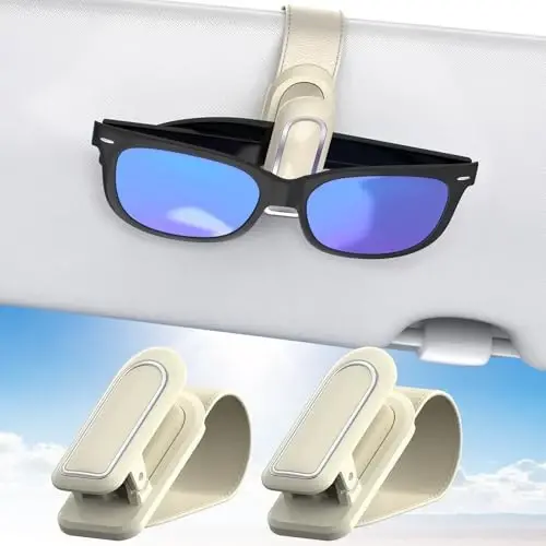 Veharvim Sunglass Holder for Car (One-Handed-Operation, Gentle & Secure Hold, Silicone Padded, Universal Fit, Metal Clip) Visor Sunglass Holder Clip,Visor Sunglass Holder Car (Beige, 2 Pack) 