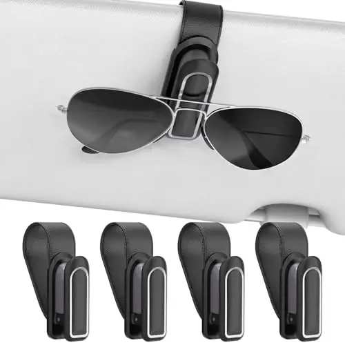 Veharvim Sunglass Holder for Car (One-Handed-Operation, Gentle & Secure Hold, Silicone Padded, Universal Fit, Metal Clip) Visor Sunglass Holder Clip,Visor Sunglass Holder Car (Black & Silver, 4 Pack) 