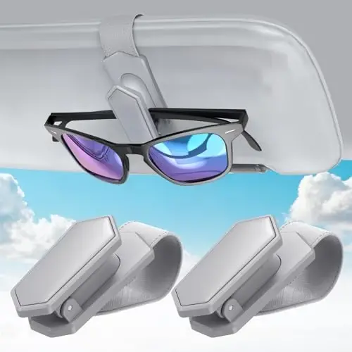 Veharvim One-Handed-Operation Sunglasses Holder for Car, Visor Sunglass Holder Clip, Car Accessories Interior, Universal Fit Silicone Padded Visor Sunglass Holder Car, Unmatched Durability (2 Pack) - VEHARVIM