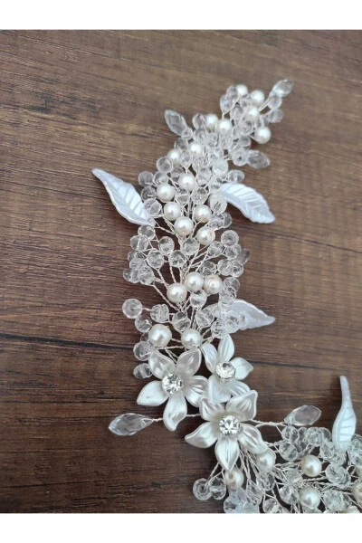 Veil Bride Henna Wedding and Engagement Crown Pearl Crystal Beaded Fully Handmade - 7