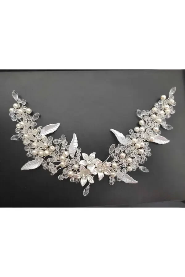 Veil Bride Henna Wedding and Engagement Crown Pearl Crystal Beaded Fully Handmade - 8