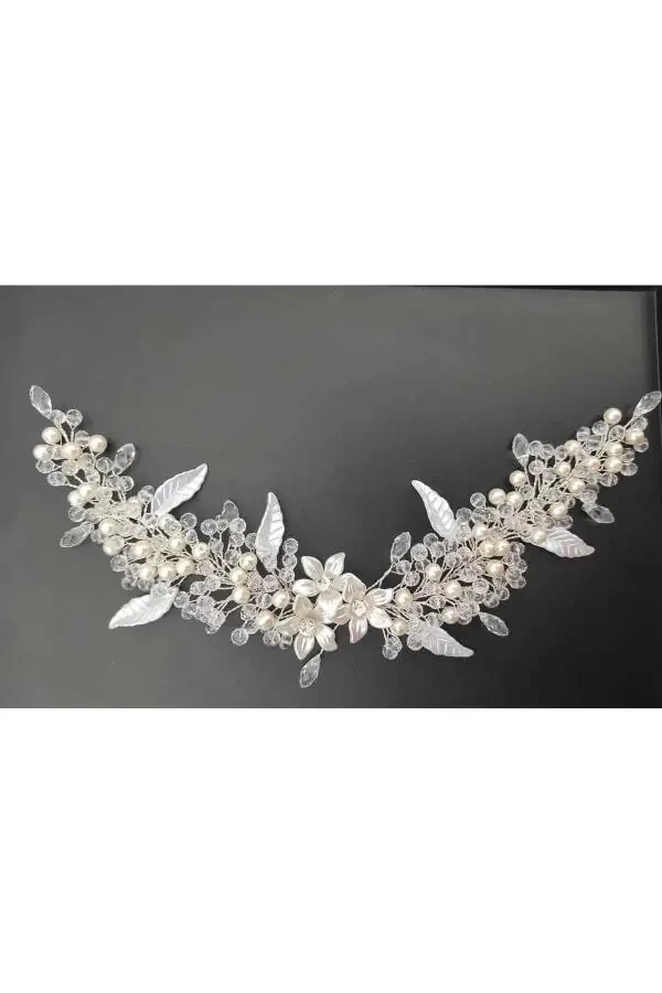 Veil Bride Henna Wedding and Engagement Crown Pearl Crystal Beaded Fully Handmade - 9