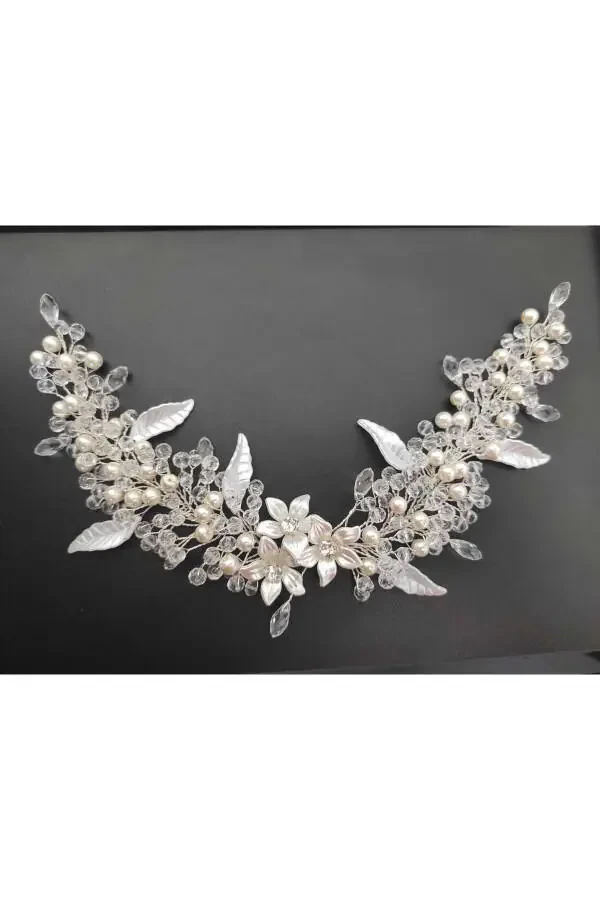 Veil Bride Henna Wedding and Engagement Crown Pearl Crystal Beaded Fully Handmade - 3