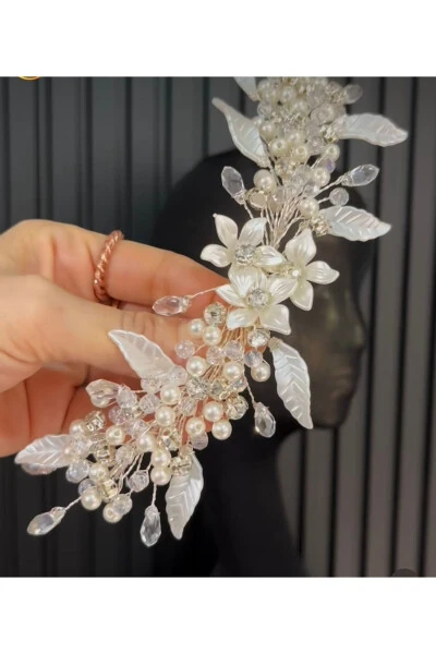 Veil Bride Henna Wedding and Engagement Crown Pearl Crystal Beaded Fully Handmade - 5