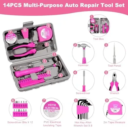 VEIYIE Car Emergency Kit with Portable Air Compressor, Pink Roadside Emergency Car Kit for Vehicles, 10FT Jumper Cables, Car Safety Kits Road Trip Essentials for Women, First Aid Kit, Tool Kit - 4