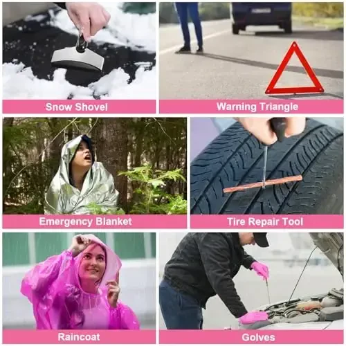 VEIYIE Car Emergency Kit with Portable Air Compressor, Pink Roadside Emergency Car Kit for Vehicles, 10FT Jumper Cables, Car Safety Kits Road Trip Essentials for Women, First Aid Kit, Tool Kit - 6