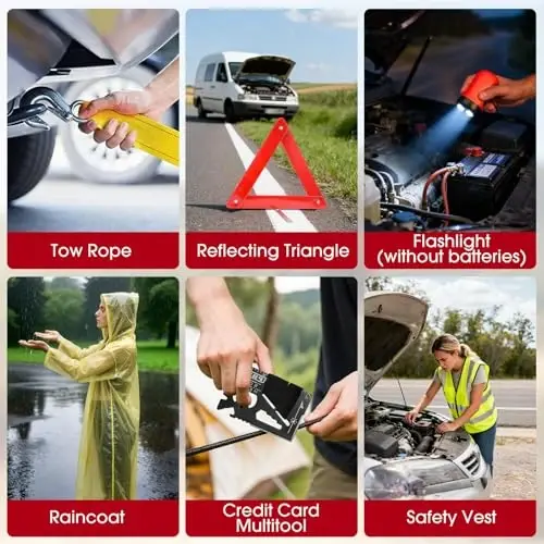 VEIYIE Roadside Car Emergency Kit, Winter Car Safety Kit with 10FT Jumper Cables, Tow Strap, Tool Kit, Reflective Warning Triangle, Road Trip Essentials, for New Drivers, Teens - 6