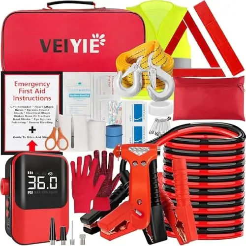 VEIYIE Roadside Emergency car kit for Vehicles, Car First Aid Emergency kit with Portable Air Compressor, Heavy Duty Jumper Cables, Tow Strap, Road Trip Essentials Safety kit, New Driver Gifts - 1