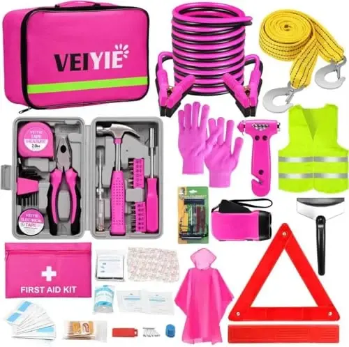 VEIYIE Roadside Emergency Car Kit for Vehicles, Pink Car First Aid Kit Emergency Kit with Jumper Cables, Car Safety Kits, Tow Strap, Tool Kit, Road Trip Assistance for Men, Women, New Driver Gifts - VEIYIE