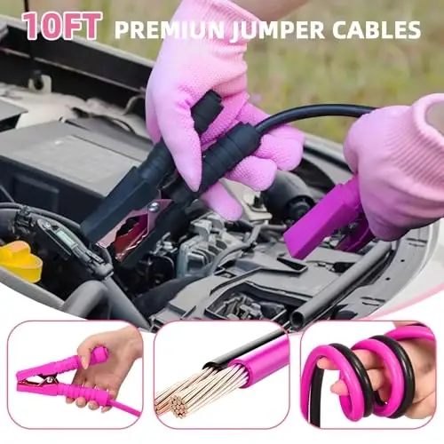 VEIYIE Roadside Emergency Car Kit for Vehicles, Pink Car First Aid Kit Emergency Kit with Jumper Cables, Car Safety Kits, Tow Strap, Tool Kit, Road Trip Assistance for Men, Women, New Driver Gifts - 2