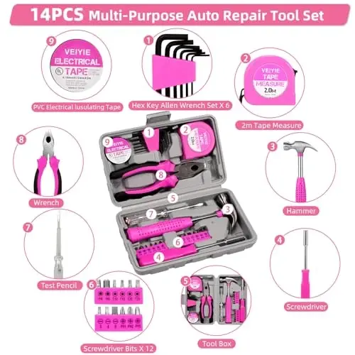VEIYIE Roadside Emergency Car Kit for Vehicles, Pink Car First Aid Kit Emergency Kit with Jumper Cables, Car Safety Kits, Tow Strap, Tool Kit, Road Trip Assistance for Men, Women, New Driver Gifts - 3