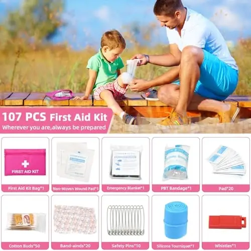 VEIYIE Roadside Emergency Car Kit for Vehicles, Pink Car First Aid Kit Emergency Kit with Jumper Cables, Car Safety Kits, Tow Strap, Tool Kit, Road Trip Assistance for Men, Women, New Driver Gifts - 5