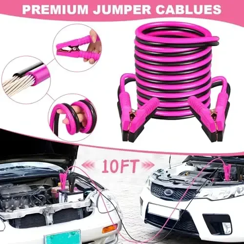 VEIYIE Car Emergency Kit with Portable Air Compressor, Pink Roadside Emergency Car Kit for Vehicles, 10FT Jumper Cables, Car Safety Kits Road Trip Essentials for Women, First Aid Kit, Tool Kit - 3