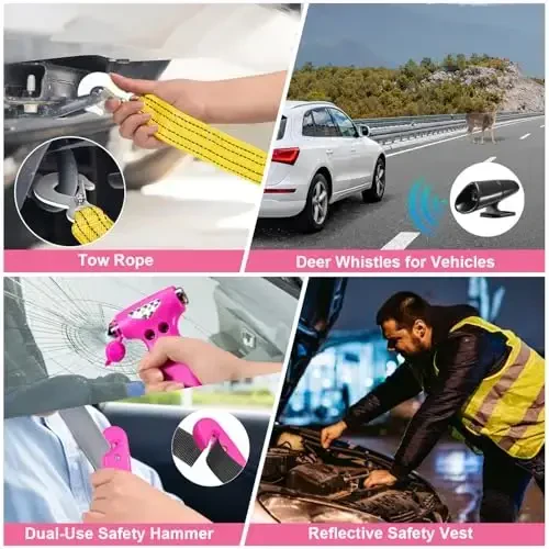 VEIYIE Car Emergency Kit with Portable Air Compressor, Pink Roadside Emergency Car Kit for Vehicles, 10FT Jumper Cables, Car Safety Kits Road Trip Essentials for Women, First Aid Kit, Tool Kit - 5