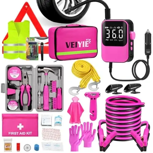 VEIYIE Car Emergency Kit with Portable Air Compressor, Pink Roadside Emergency Car Kit for Vehicles, 10FT Jumper Cables, Car Safety Kits Road Trip Essentials for Women, First Aid Kit, Tool Kit 