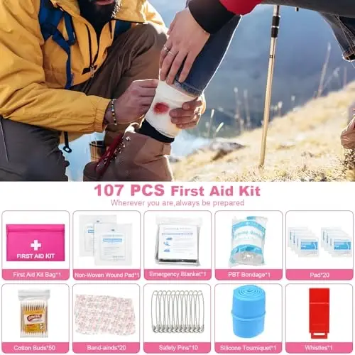 VEIYIE Car Emergency Kit with Portable Air Compressor, Pink Roadside Emergency Car Kit for Vehicles, 10FT Jumper Cables, Car Safety Kits Road Trip Essentials for Women, First Aid Kit, Tool Kit - 7