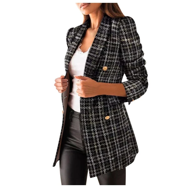 VEKDONE Plaid Tweed Blazer Jacket for Women, casual long sleeve, double breasted, lapel, office, fall-winter, with pockets. 2024 clearance sale: S, M, L, XL, XXL, XXXL - VEKDONE (1)