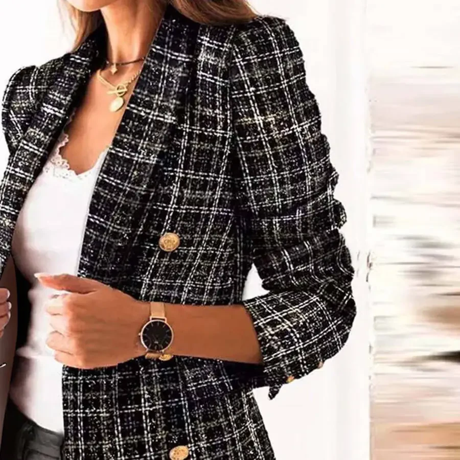 VEKDONE Plaid Tweed Blazer Jacket for Women, casual long sleeve, double breasted, lapel, office, fall-winter, with pockets. 2024 clearance sale: S, M, L, XL, XXL, XXXL - 4
