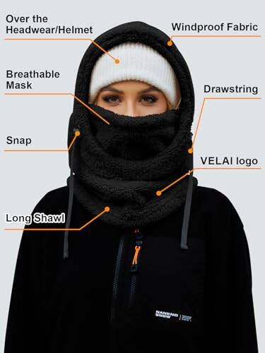 VELAI Balaclava Fleece Ski Mask for Men Women Winter Face Masks Windproof Hooded Scarf Cold Weather Hat Neck Warmer - 6