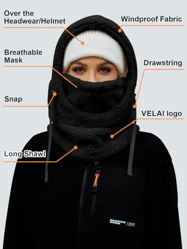 VELAI Balaclava Fleece Ski Mask for Men Women Winter Face Masks Windproof Hooded Scarf Cold Weather Hat Neck Warmer - 4