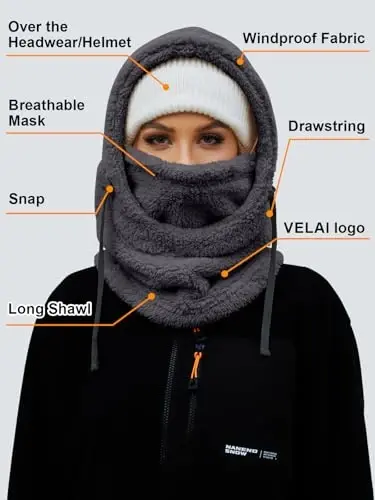 VELAI Balaclava Fleece Ski Mask for Men Women Winter Face Masks Windproof Hooded Scarf Cold Weather Hat Neck Warmer - 6
