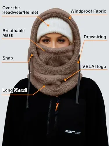 VELAI Balaclava Fleece Ski Mask for Men Women Winter Face Masks Windproof Hooded Scarf Cold Weather Hat Neck Warmer - 6
