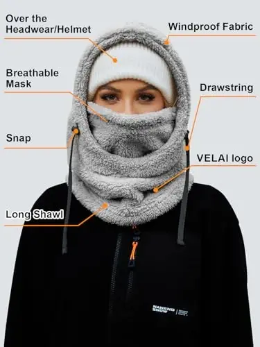 VELAI Balaclava Fleece Ski Mask for Men Women Winter Face Masks Windproof Hooded Scarf Cold Weather Hat Neck Warmer - 6