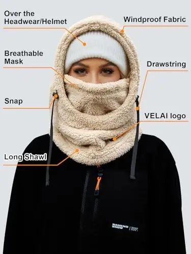 VELAI Balaclava Fleece Ski Mask for Men Women Winter Face Masks Windproof Hooded Scarf Cold Weather Hat Neck Warmer - 6
