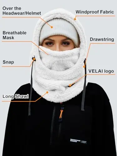 VELAI Balaclava Fleece Ski Mask for Men Women Winter Face Masks Windproof Hooded Scarf Cold Weather Hat Neck Warmer - 6