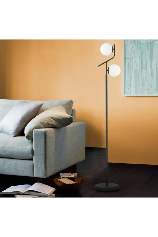 Velar Siyah Beyaz Camlı Modern Tasarım Metal Lambader - SİYAH - 1