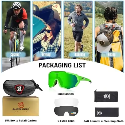 Велоочки Queshark, спортивные солнцезащитные очки для мужчин и женщин, 1 поляризованная линза 2 HD линзы, поляризованные солнцезащитные очки для велоспорта и бега - 7