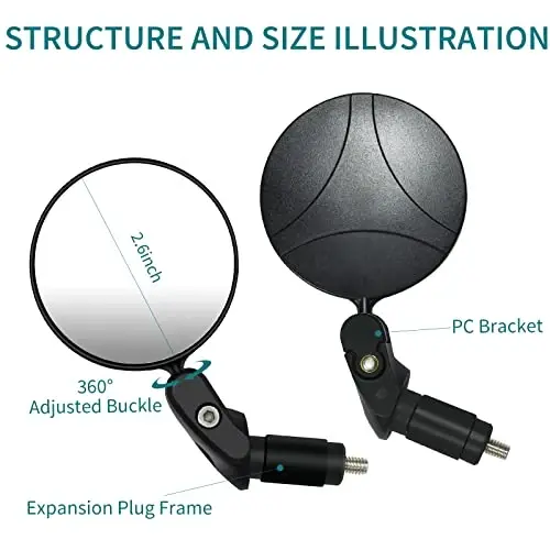 Velosiped oynasi, 2 dona 360˚ aylanuvchan rul uchli velosiped oynalari, keng burchakli konveks velosiped oynalari, rul orqa ko'rinish oynasi velosiped oynalari, rul uchiga o'rnatiladigan tog' yo'li kattalar velosipedi velosiped haydash - 4