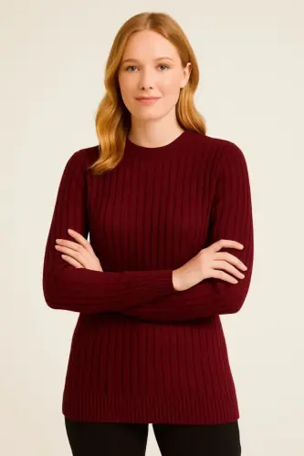 Velosiped yoqa trikotaj sviter, paxtali, qalin qovurgʻali toʻqilgan, klassik kesimli (regular fit), uzun yengli qishki model - toʻq qizil - 1